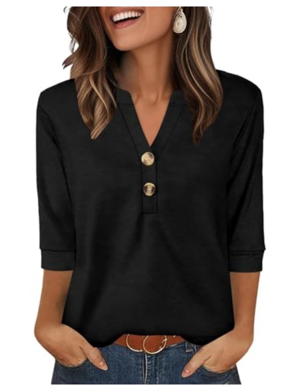 Womens 3/4 Sleeve V Neck Blouse Dressy Casual Pullover Top